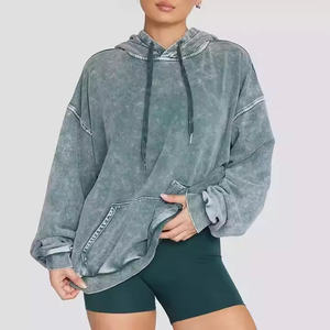 Sweat à capuche délavé personnalisé avec logo, nouveau design 2025, pour femme, coupe oversize, hiver, couleur unie, faible MOQ, polyester/coton - Product Image 3