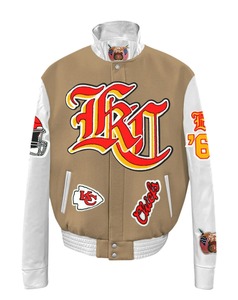 Chaqueta Varsity de Lana y Cuero Estilo Inglés Antiguo de los Kansas City Chiefs, Color Camel - AR - Product Image 1