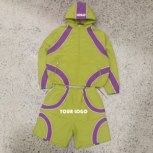 Chándal con Capucha para Hombre, Tallas Grandes, Color Sólido, Bloques de Color, Secado Rápido, Ropa Urbana de Verano, 100% Algodón, Verde y Morado - Product Image 3