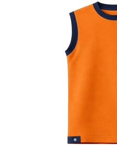 ชุดเซ็ตเสื้อกล้ามแขนกุดสีส้มและกางเกงขาสั้นสำหรับผู้ชาย  ชุดลำลองฤดูร้อนผ้าฝ้าย แต่งขอบสีน้ำเงินกรมท่า พร้อมเชือกผูกเอว ชุดสองชิ้น - Product Image 2