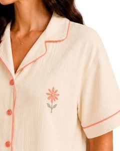 Customized Beige Women Pajama Set Short Sleeve Button <b>Down</b> Sleepwear Floral Embroidery Soft Breathable Summer Lounge Set - Product Image 6