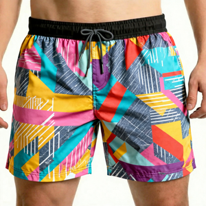 Traje de Baño para Hombre, Estampado Geométrico, Secado Rápido, Cintura Media, Cordón Ajustable, Shorts Casuales, 100% Poliéster Tejido - Product Image 1