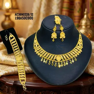 Luxury Brass 24K Gold Plated Traditional Flower Design Necklace Set Bracelet Earrings Ring Women | African Bridal Wedding Set - Product Image 5