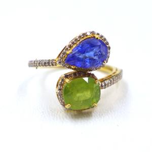 Anillo de Plata de Ley 925 Chapado en Oro con Zafiro Verde Natural y Tanzanita, Anillo con Diamantes y Piedras Preciosas, Regalo - Product Image 2
