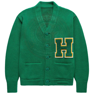 Cárdigan de punto con cuello en V verde para fraternidad, bordado de letras griegas, aplique de acrílico con la letra H, suéter de manga larga para hombre, estilo universitario. - Product Image 1