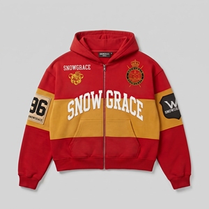 Sweat-shirt à capuche zippé pour homme Snowgrace, coupe ample, color block, streetwear, rouge jaune, coton French Terry, vêtements d'automne - Product Image 1