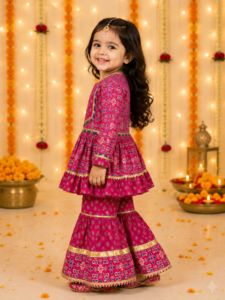 Ensemble Kurta Sharara en coton à imprimé numérique floral pour filles, rose, tenue traditionnelle pour la fête de Diwali, coupe régulière, longueur cheville, pour bébés - Product Image 2