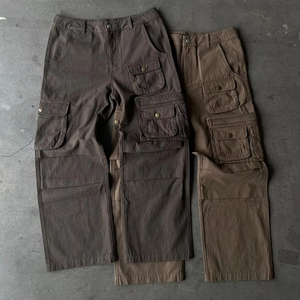 Pantalon Cargo Gris Homme Taille Haute Multiples Poches Toile Décontracté Respirant Coupe Droite Style Printemps Vente en Gros - Product Image 3