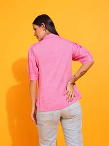 Top Rosa de Algodón para Mujer, Diseño Sólido con Cuello de Abrigo Elegante y Mangas Cortas, Ideal para Uso Casual en Oficina - Product Image 4