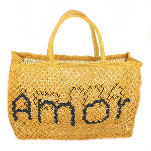 Bolso Tote de Yute Sólido con Diseño Bohemio y Letras 'Amor', Ligero, Abierto, para Mujer, Playa, Verano, Uso Diario - Product Image 4