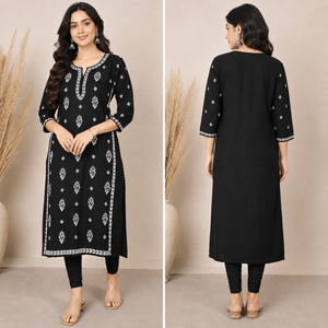 Kurti droit en coton premium brodé à la main à Lucknowi - Tunique ethnique pour femmes - Product Image 2