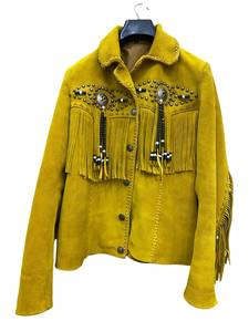 Yellow <b>Suede</b> <b>Leather</b> Knitted Fringe Bomber <b>Jacket</b> Western Style Women's Covered Button Closure Regular Length Spring Autumn - Product Image 1