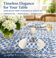 Ensemble de 4 sets de table et serviettes bohèmes imprimés à la main, 100 % coton, motif floral bleu, fins, lavables en machine, pour la décoration de table à manger