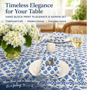 Ensemble de 4 sets de table et serviettes bohèmes imprimés à la main, 100 % coton, motif floral bleu, pour décoration de table à manger, en tissu lavable - Product Image 2
