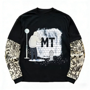 T-shirt à manches longues surdimensionné, imprimé camouflage sur les manches, streetwear, tee-shirt personnalisé avec logo, vêtements décontractés - Product Image 4