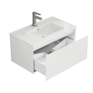 Mobile Bagno Sospeso da 32 Pollici con 1 Ampio Cassetto, Sistema Soft-Close, Lavabo in Ceramica, Design Senza Maniglie, Finitura in Legno Massello Verniciato - Product Image 2