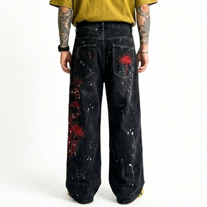 American-Style Men's Denim Pants Studded Diamonds High Street Print Tie Dye <b>Hip</b> Hop Winter Washed Distressed Loose-fitting Wide - Product Image 4