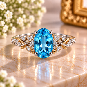 Bague ovale en topaze bleue suisse, argent sterling 925, bague de fiançailles bicolore motif feuille de vigne, bijoux personnalisés en pierres précieuses, fabricant en gros - Product Image 1