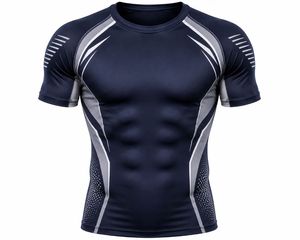 T-shirt de compression à manches courtes pour homme en Spandex/Polyester 180g, séchage rapide, coupe ajustée, sportif, col rond, tricoté - Product Image 5