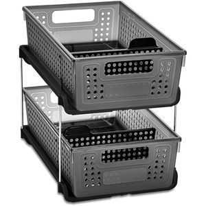 Antimicrobial 2-Tier Storage Organizer with <b>Slide</b> Out Dividers and Handles Multi-Purpose for Home Bath Pack of 1 Carbon - Product Image 1