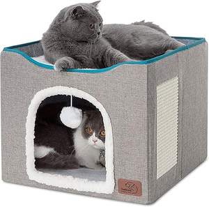 Lits pour chats d'intérieur - Grande tanière pour chat avec boule en peluche suspendue et griffoir, abri pliable pour chat - Product Image 1