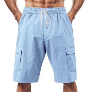 Men's 100% Cotton Canvas Knitted Breathable Mid Waist Cargo Shorts Casual <b>Elastic</b> Lightweight Solid - Product Image 5