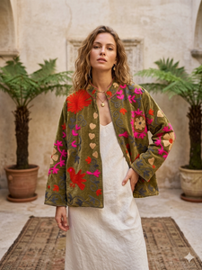 Women's Sage Olive <b>Velvet</b> <b>Jacket</b> With Crimson Floral Suzani Embroidery Full Sleeves Handmade Mandarin Collar Premium Outerwear - Product Image 4