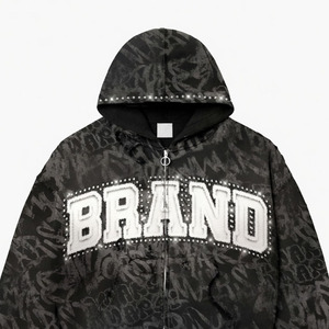 Sudadera con capucha y cremallera Glory Custom Oversized con pedrería, 100% algodón, tela suave, diseño moderno con parches desgastados para uso unisex. - Product Image 3