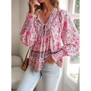 Blusa Floral Bohemia con cuello en V para mujer 2025, Top informal de verano bordado con puños elásticos de manga larga, tallas disponibles - Product Image 3