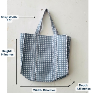 Bolso Tote Estilo Bohemio con Estampado a Mano en Cuadros Azules Pastel |   Bolso de compras acolchado de algodón para verano/otoño/invierno, para uso diario - Product Image 3