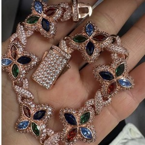 UWIN Pink Chain Colored CZ Clover Bracelet Iced Out CZ Flower Rose Gold Necklace Diamond Infinite Chain <b>Men</b> Women Jewelry - Product Image 2