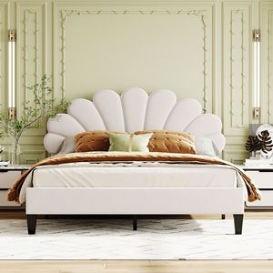 Letto matrimoniale imbottito con elegante testiera in velluto con motivo floreale in colore beige - Product Image 3