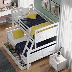 Letto a Castello Bianco con Letto Singolo Sopra e Letto Matrimoniale, con Scala e Ringhiera di Sicurezza, Due Cassetti Portaoggetti per Bambini - Product Image 4
