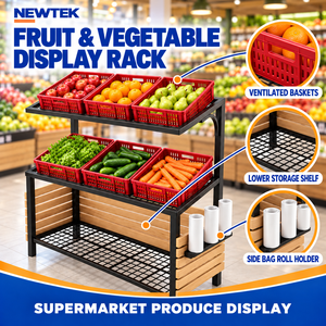Étagère de présentation autoportante en métal à 2 niveaux NEWTEK pour supermarché, avec grille, revêtement en poudre époxy, installation rapide, pour épicerie - Product Image 1