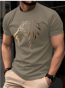 T-shirt à manches courtes pour homme, vert olive, avec impression tête de lion en feuille d'aluminium, col rond, coupe ajustée, tissu jersey décontracté, respirant, qualité supérieure - Product Image 4