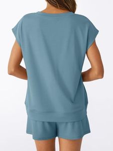 Conjunto de verano para mujer, diseño de cintura atractivo, color azul aguamarina, estilo informal, original, de alta calidad, con cuello en V y jersey. - Product Image 2