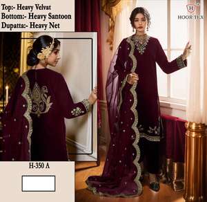 Velvet Glam Heavy Shalwar Kameez avec filet élégant Dupatta Soft Santoon Bottom Vêtements d'hiver de style indien en 6XL - Product Image 2