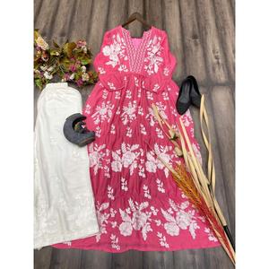 DESIGNER RAYON CHAIN <b>STITCH</b> WORK KURTI and PALAZZO in <b>PINK</b> - Product Image 3