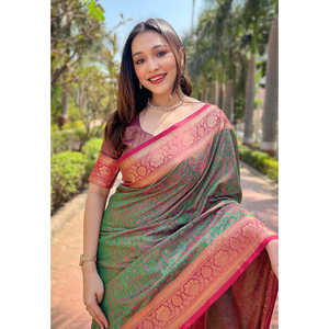 ผ้าไหมแคชเมียร์สีเขียวอ่อนทอลายซารีแบบหรูหรา พร้อมดีเทลผ้าทอลายตัดกัน เหมาะสำหรับชุดเดรสออกงาน - Product Image 2