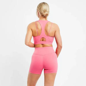 Conjunto de Yoga para Mujer, Color Sólido, Top Deportivo Racerback, Shorts de Cintura Alta, Sin Costuras, Soporte Medio, Rosa - Product Image 4