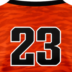 Camiseta de Softbol sin Mangas con Sublimación Total, Diseño de Animales en Naranja y Negro, Uniforme Personalizado para Equipo con Número en la Espalda - Product Image 6