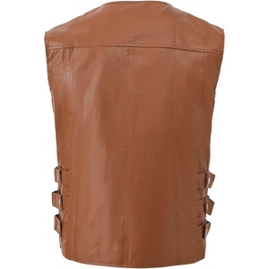 Custom <b>Men's</b> Tan Genuine Cowhide <b>Leather</b> Motorcycle <b>Vest</b> Collarless Round Neck Biker Riding Club <b>Vest</b> with Side Straps - Product Image 3