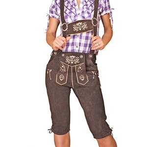 Salopette en toile marron brodée pour femme, taille haute, style bavarois décontracté, à associer avec une chemise à carreaux - Product Image 1
