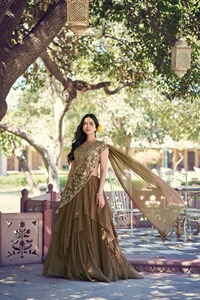 Brown Embroidered Lehenga Set Sleeveless V Neck Net Blouse Dupatta Traditional Indian Outfit <b>Wedding</b> Banquet Wear - Product Image 1