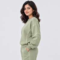 Sweat-shirt à col rond vert sauge pour femme, best-seller, épaules tombantes, manches longues, passepoil contrastant, en molleton, pour femme