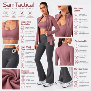 3 Piece Yoga Set Stand Collar Zip Jacket Sports Bra High Waist <b>Flared</b> <b>Leggings</b> Wholesale Rate OEM Yoga Set Custom Design - Product Image 4