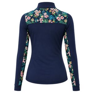Manufacturer <b>Navy</b> Blue <b>Women</b> Quarter Zip Athletic Pullover Shirt Floral Sleeve Panel Long Sleeve Fitness Riding Sportswear <b>Top</b> - Product Image 2