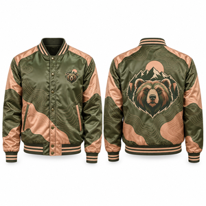 Relaxed Fit Satin Jacket Full Zip Closure Polyester <b>Fabric</b> Sublimated Graphics Personalized Artwork Interior Pocket Travel <b>Retro</b> - Product Image 1