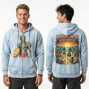 Sudadera con capucha y cremallera azul cielo personalizada con lavado ácido para hombre, diseño gráfico Zombie Surfer Beach Party, estilo urbano, chaqueta de forro polar desgastada con cremallera completa - Product Image 1