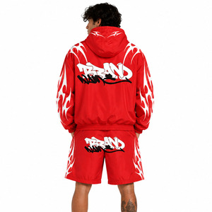 Trendy Red Custom Men's Graphic Gothic Logo Hoodies & Windbreaker Men Jacket & Shorts Set Streetwear Sportswear OEM Manufacturer - Product Image 2
